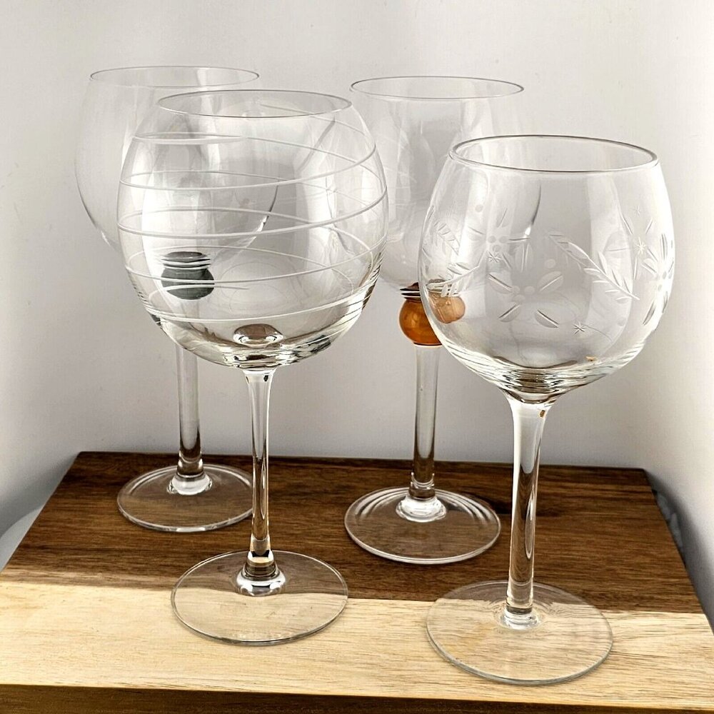 Balloon Wine Goblets Etched Red Wine Glasses mismatched set of 4 party mix